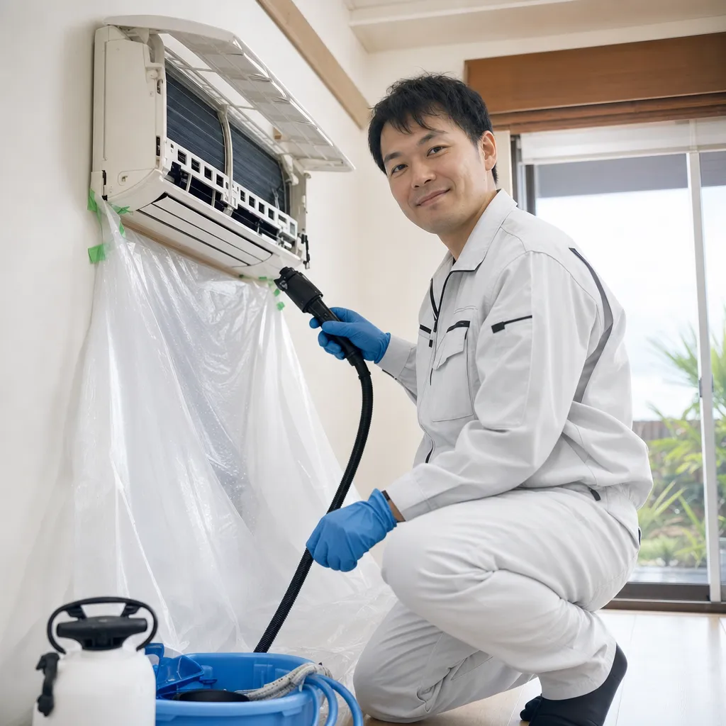 白い作業服の技術者が養生をして壁掛けエアコンを分解洗浄している様子